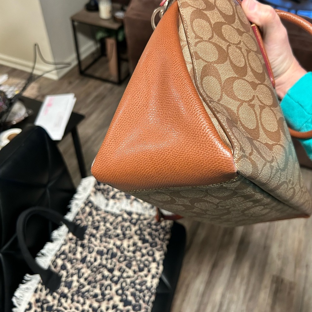 Coach❤️Signature Morgan in Khaki & Saddle Color Canvas & Leather Satchel - Picture 7 of 13